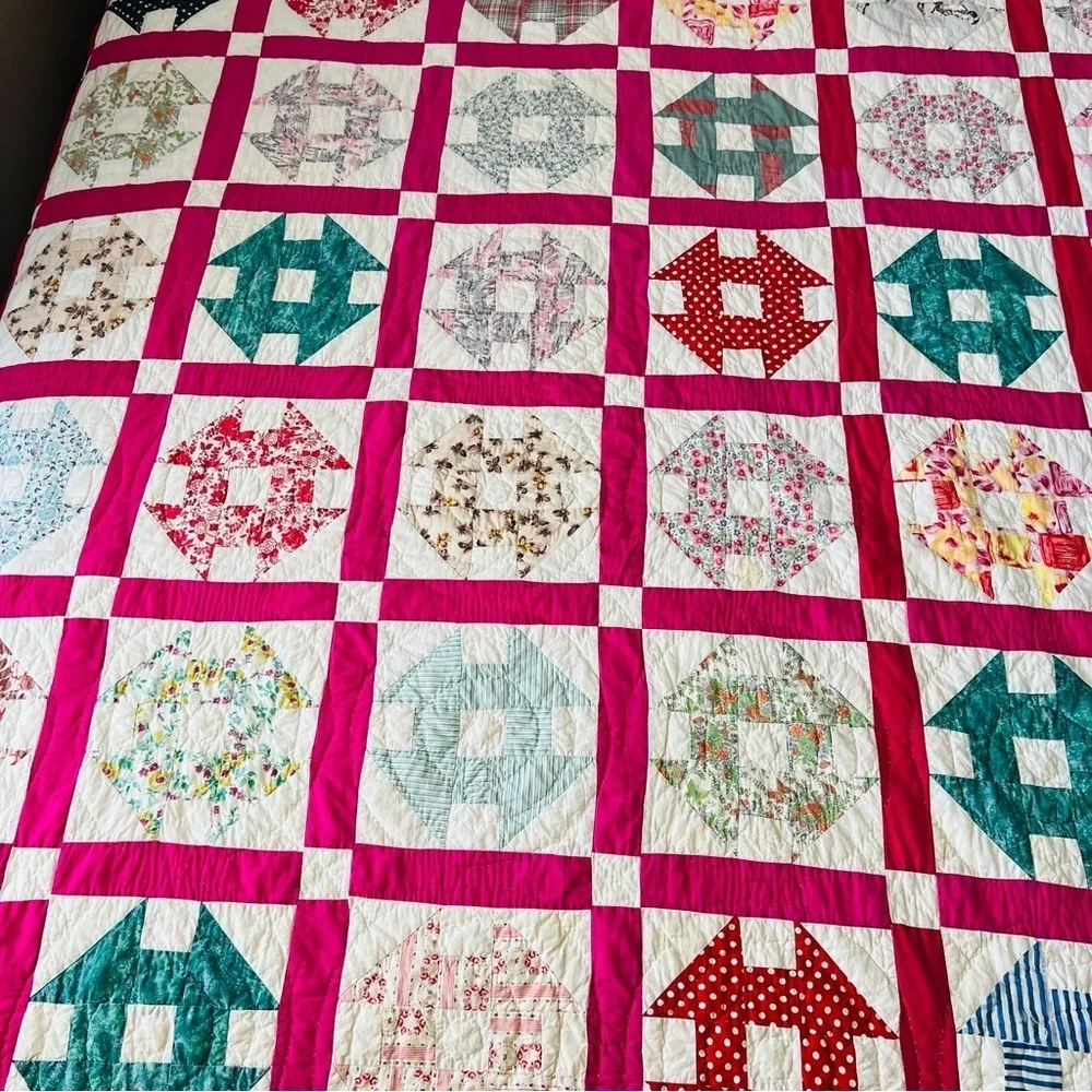 68”x86” Vintage from 1960’s Cotton Handmade and Hand Stitched Quilt.